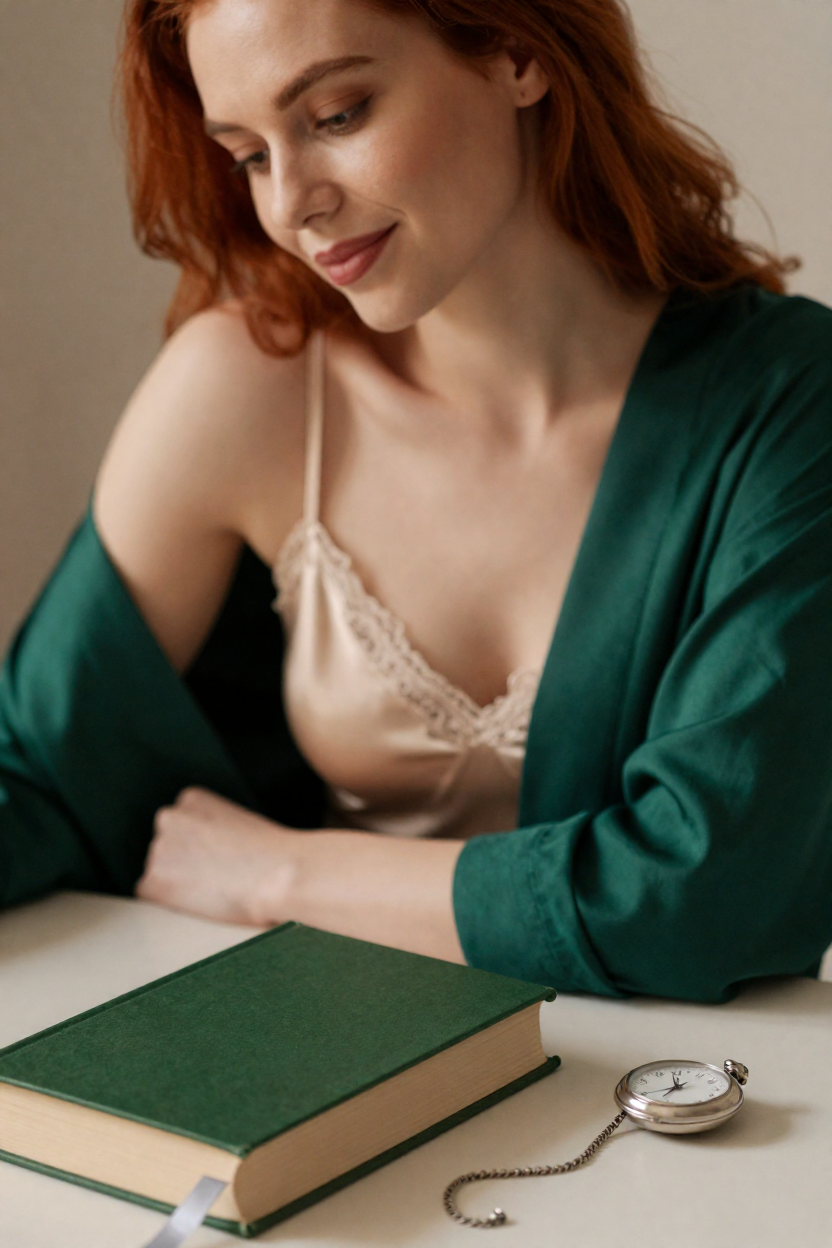 Photorealistic editorial portrait of a fictional adult woman, age 28, copper-red hair swept over one shoulder,